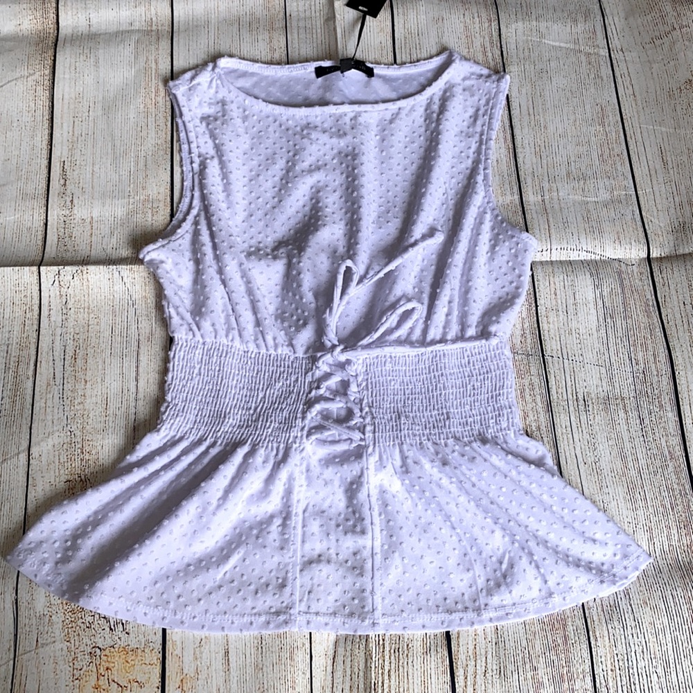 White, Swiss dot Peplum top